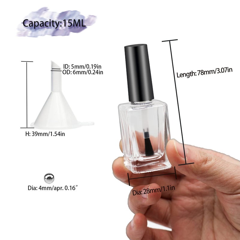 Agidea 6PCS Empty Nail Polish Bottles with Funnel, Empty Fingernail Polish Bottles Glass Rectangle with Brush & Mixing Balls Black (15ML) - Image 2
